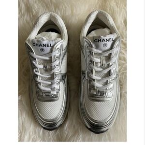CHANEL Metallic Silver and Black Sneakers
